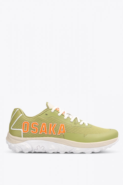 Osaka footwear Kai Mk1 in olive with logo in orange. Side view