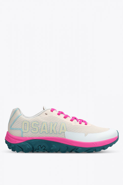 Osaka footwear Kai Mk1 in light grey and sky blue, and pink with logo. Side view