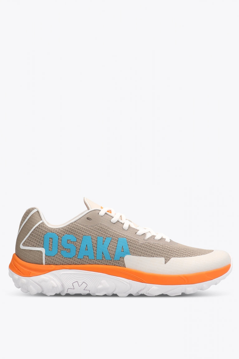 Osaka footwear Kai Mk1 in grey holographic with logo in blue. Side view