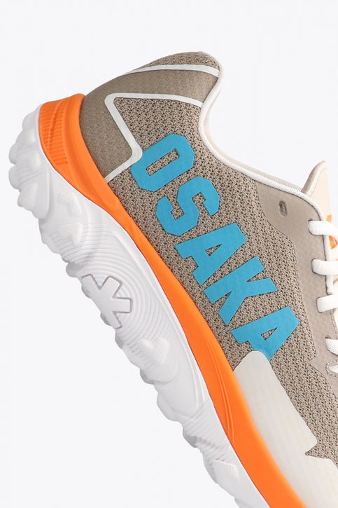 Osaka footwear Kai Mk1 in grey holographic with logo in blue. Side view