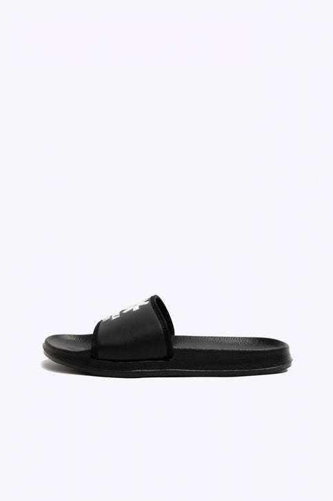 Osaka slippers black with logo in white. From above view