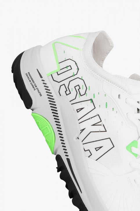 Osaka footwear Ido Mk1 in white and green with logo in white. Side view
