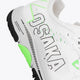 Osaka footwear Ido Mk1 in white and green with logo in white. Detail logo view
