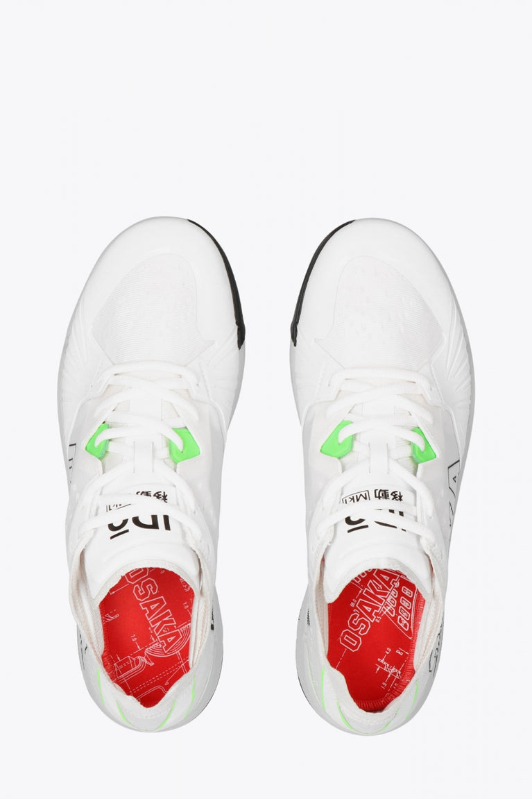 Osaka footwear Ido Mk1 in white and green with logo in white. From above view
