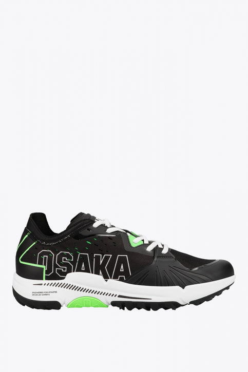 Osaka footwear Ido Mk1 in black and green with logo in black. Side view