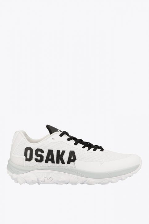 Osaka footwear Kai Mk1 in white with logo in black. Side view