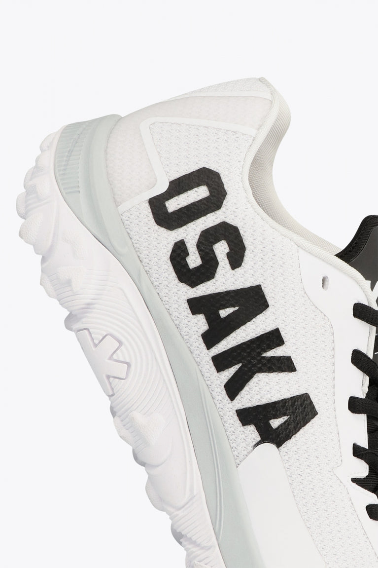 Osaka footwear Kai Mk1 in white with logo in black. Detail logo view