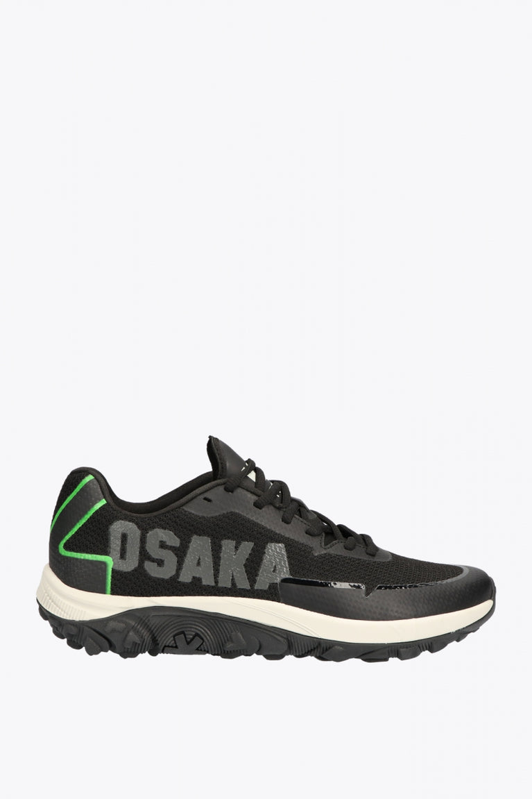 Osaka footwear Kai Mk1 in black with logo in grey. Side view