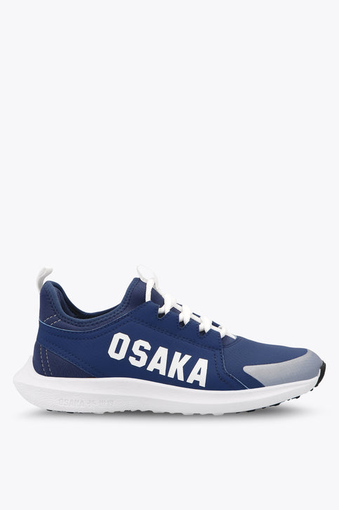 Osaka kids footwear in estate blue with logo in white. Side view
