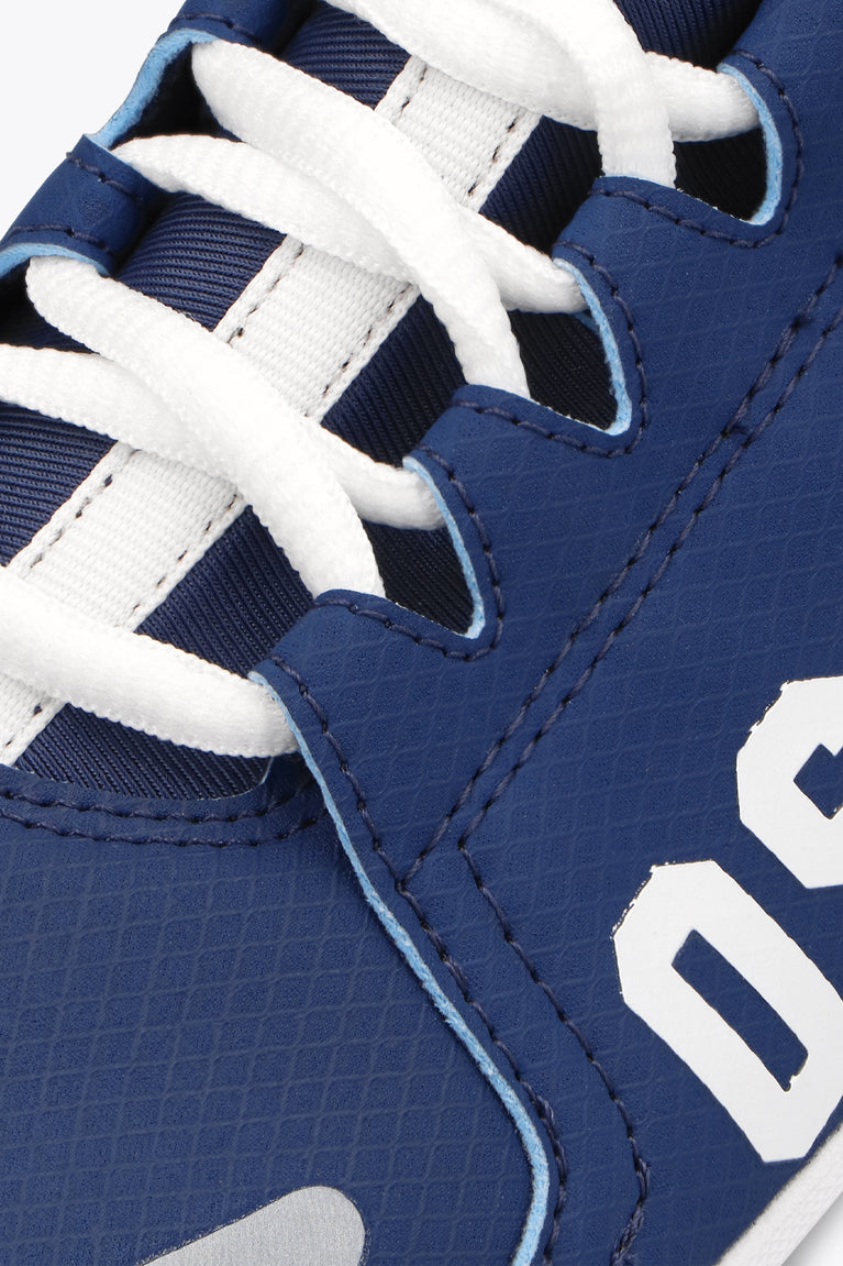 Osaka kids footwear in estate blue with logo in white. Detail shoelace view