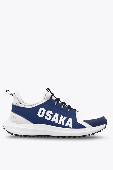 Osaka footwear Furo in blue and white with logo in white. Side view