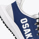 Osaka footwear Furo in blue and white with logo in white. Detail logo view