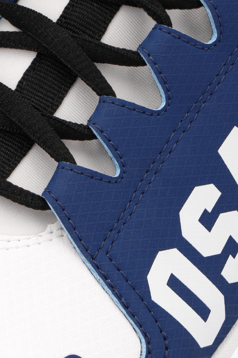 Osaka footwear Furo in blue and white with logo in white. Detail view