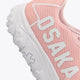 Osaka footwear Kai Mk1 in pastel pink with logo in white. Detail logo view