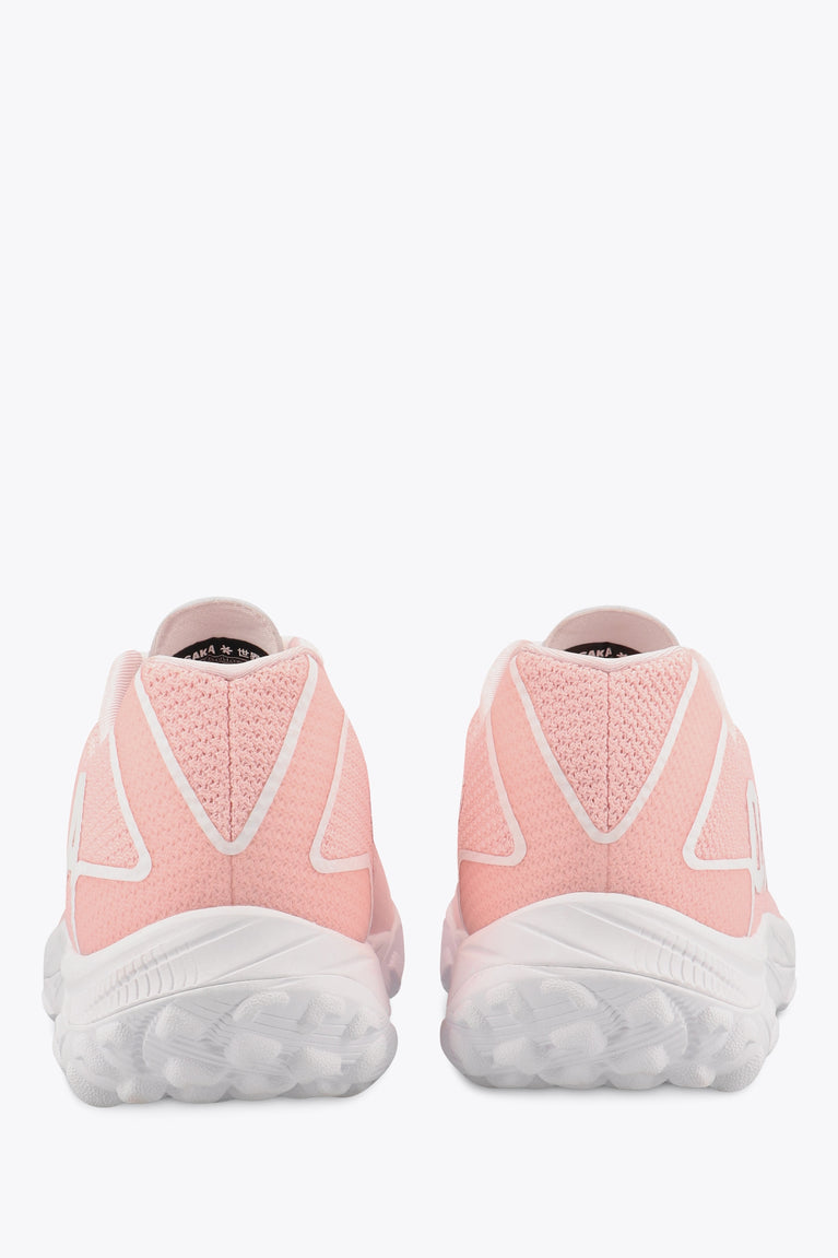 Osaka footwear Kai Mk1 in pastel pink with logo in white. Back view