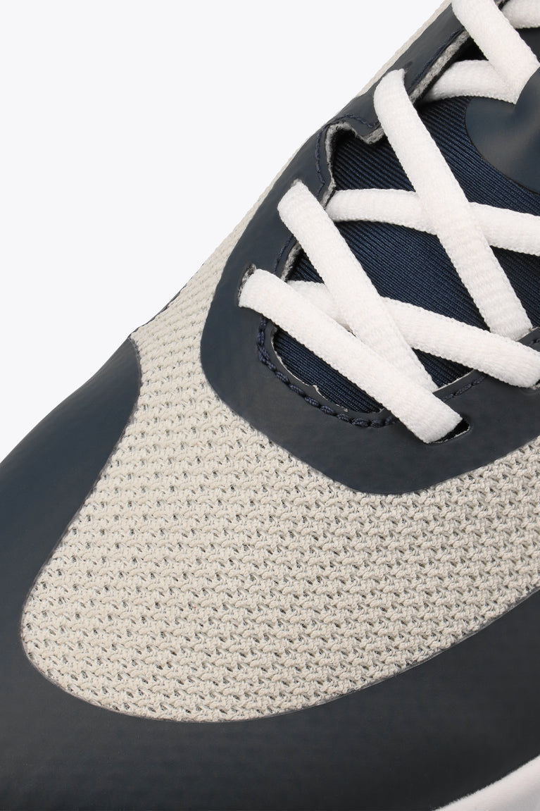 Osaka footwear Kai Mk1 in grey navy with logo in navy. Detail shoelace view