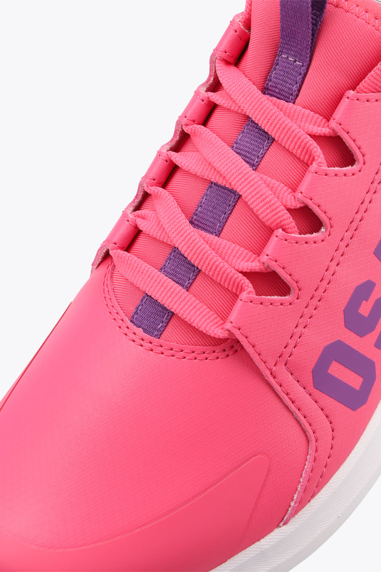 Hot pink kids Furo Play sneaker upper with lace-up design and purple side graphic.
