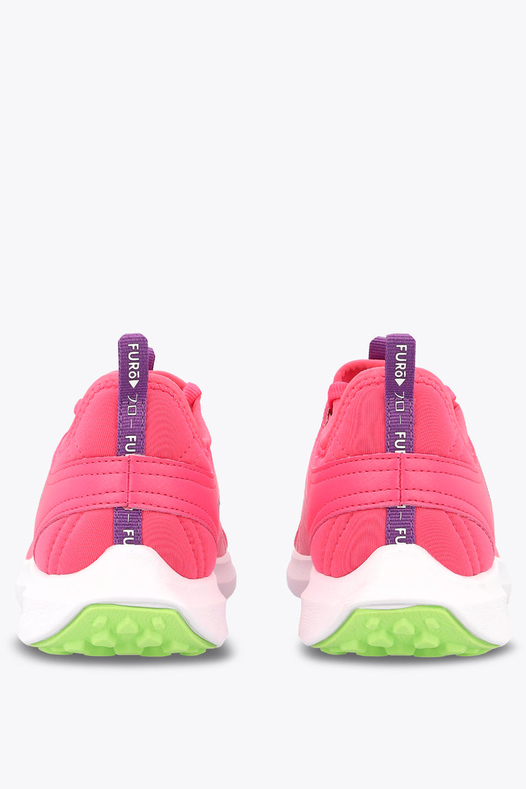 Hot pink kids sneakers with purple heel tabs and lime-green outsoles (pair).