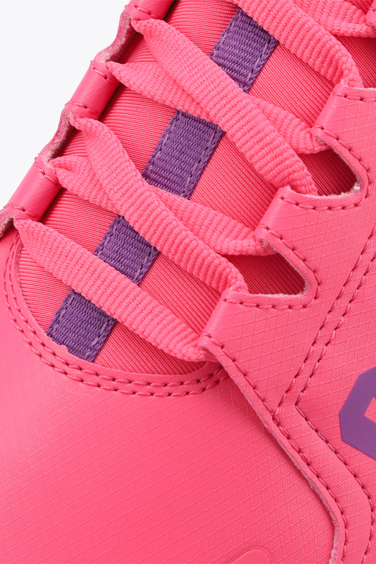 Close-up: hot pink kids Furo Play sneaker laces with purple webbing accents.