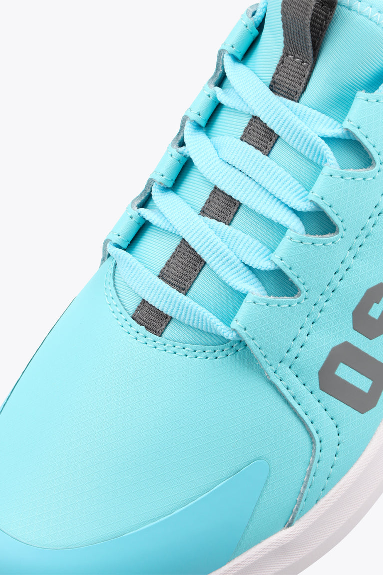 Kids light-blue sneaker upper close-up with lace-up, gray strap accents