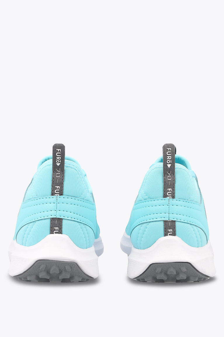 Kids light-blue sneaker heel view with back tabs and textured gray sole