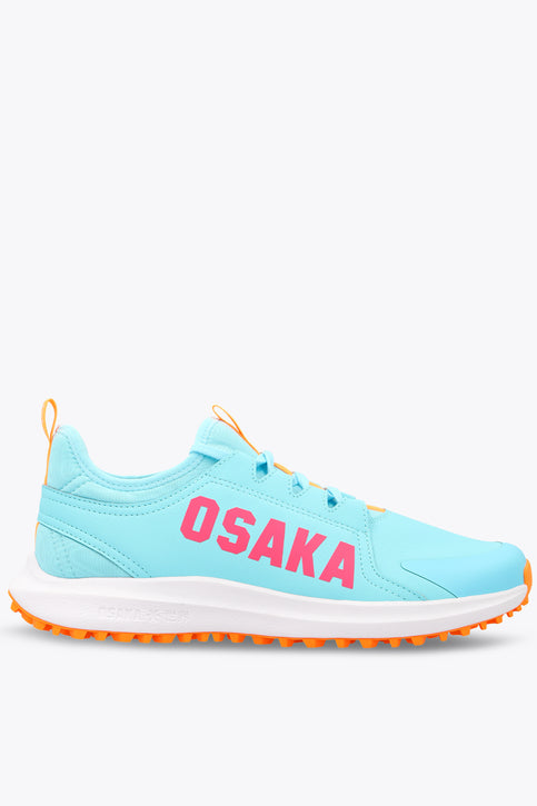 Light blue athletic sneaker with orange lace accents and cushioned white sole