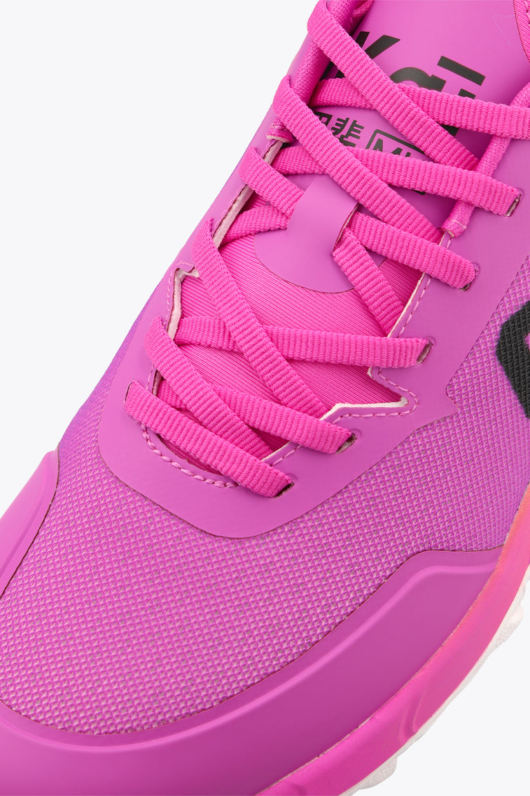 Rose bud pink knit sneaker upper with lace-up system and stitched panel
