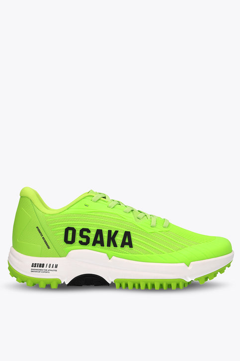 Neon green lace-up running shoes with 'OSAKA' logo and white midsole
