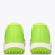 Neon green back view sneakers with white heel stripe and studded outsole