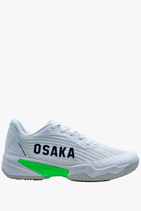 Osaka Ryu Court sneakers, white with green heel and side accents, lace-up