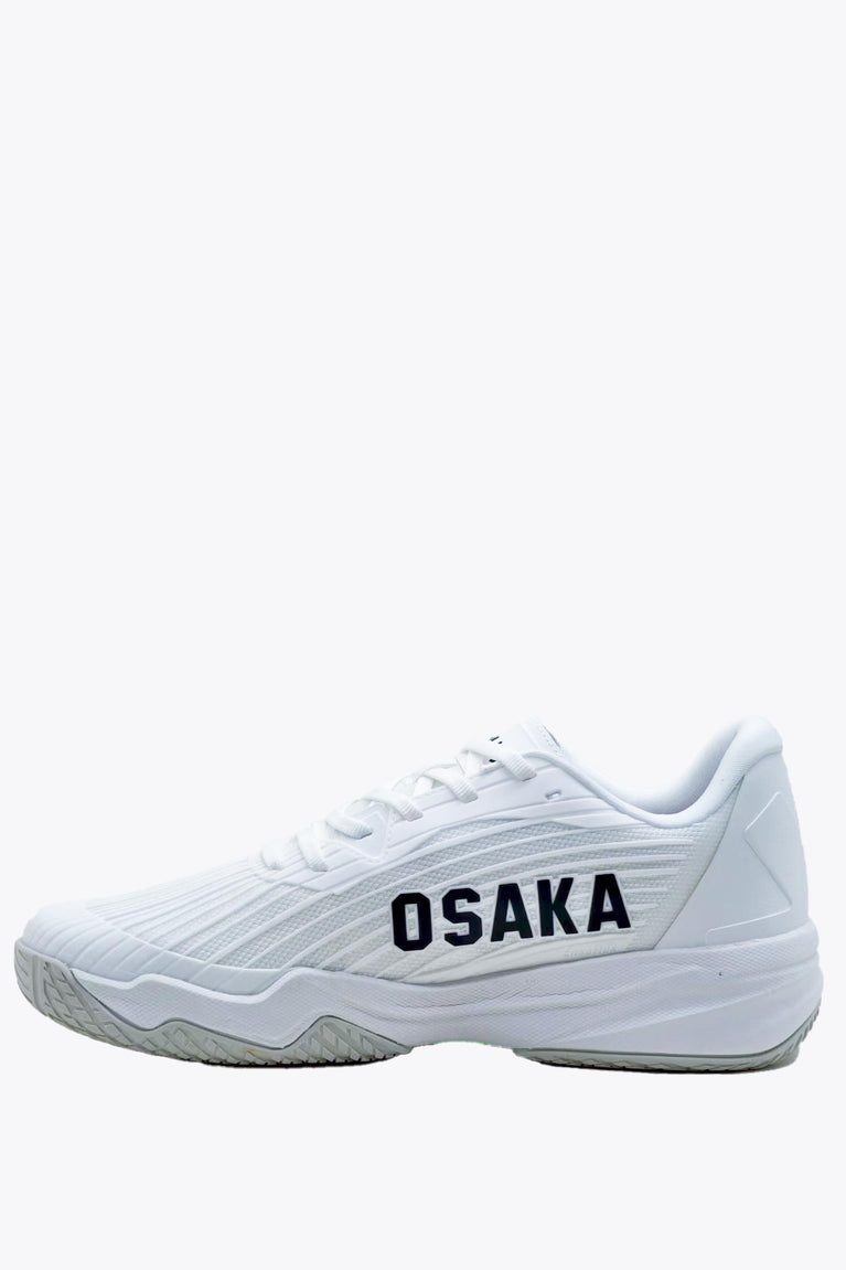 White lace-up court sneakers with bold OSAKA logo on side