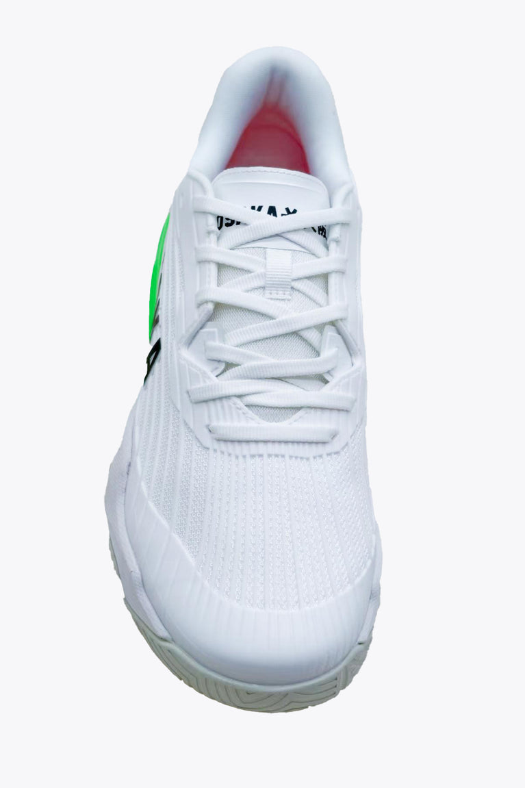White mesh court sneakers with green side stripe and lace-up front