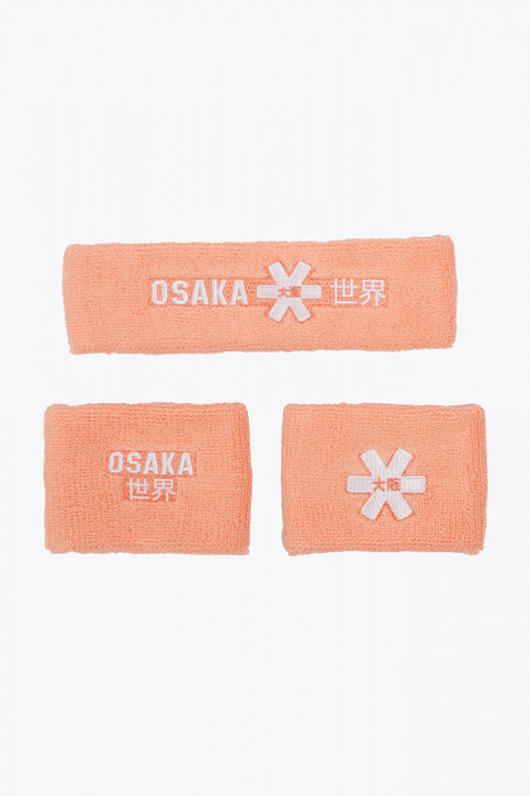 Osaka peach pink sweatbands set with logo in white
