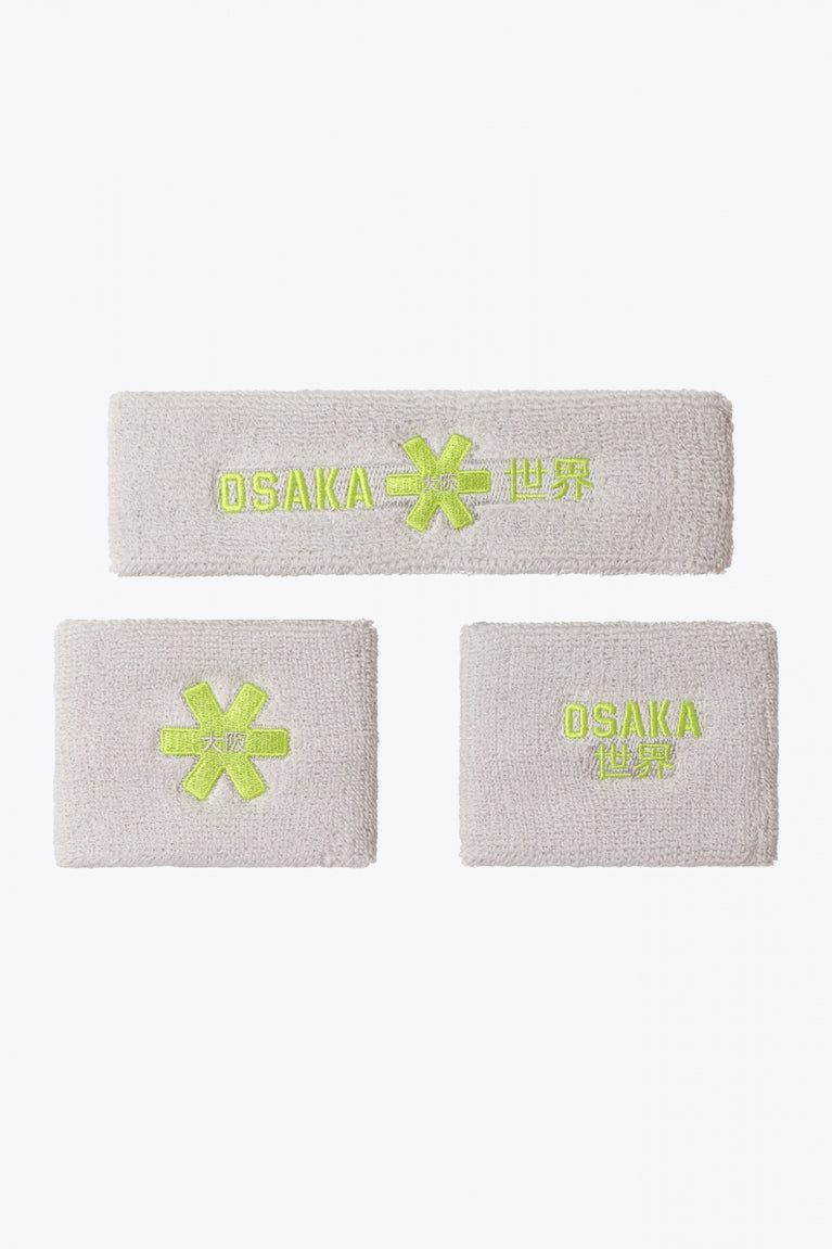 Osaka light grey sweatbands set with logo in lime