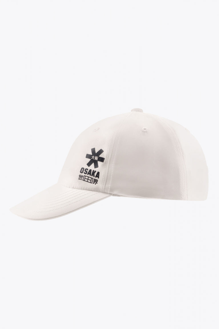 Osaka baseball cap soft in white with logo in black. Side view