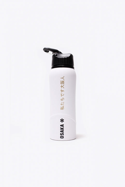 Osaka Kuro aluminium water bottle in white with logo in black. Front view