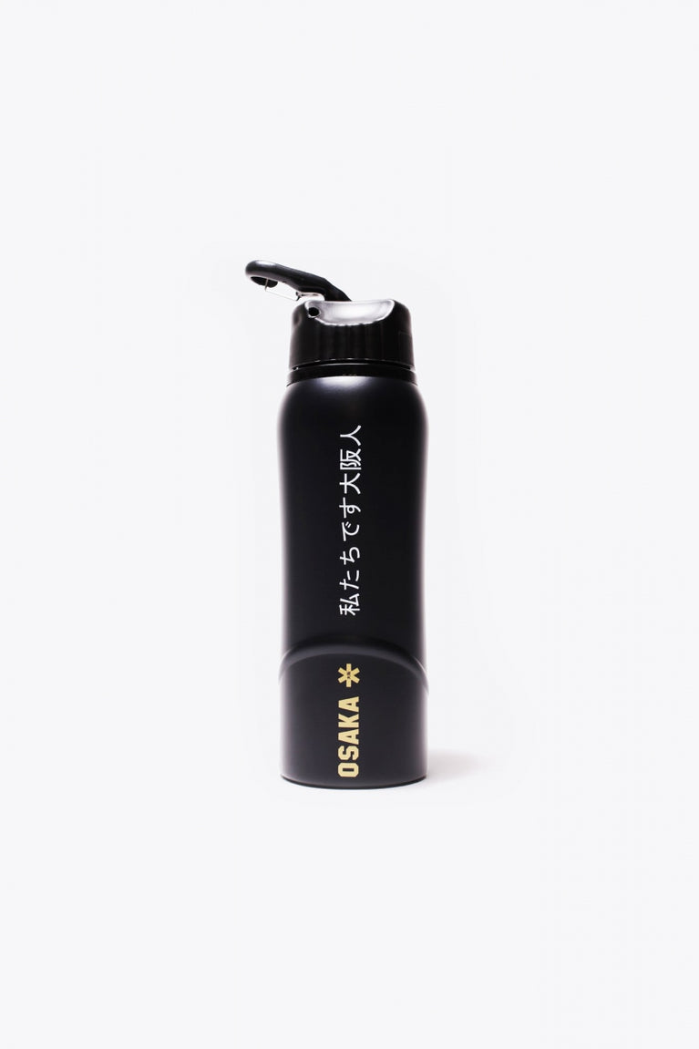 Osaka Kuro aluminium water bottle in black with logo in bronze. Back view
