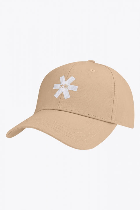 Osaka baseball cap in sand with logo in white. Side view