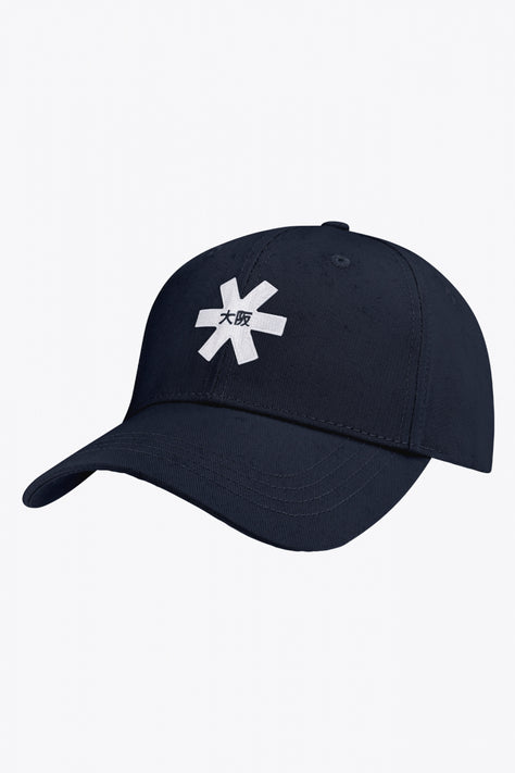 Osaka baseball cap in navy with logo in white. Side view