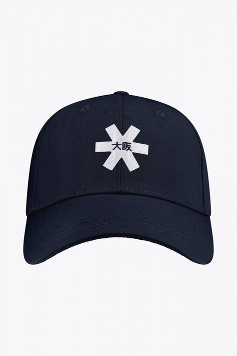 Osaka baseball cap in navy with logo in white. Side view