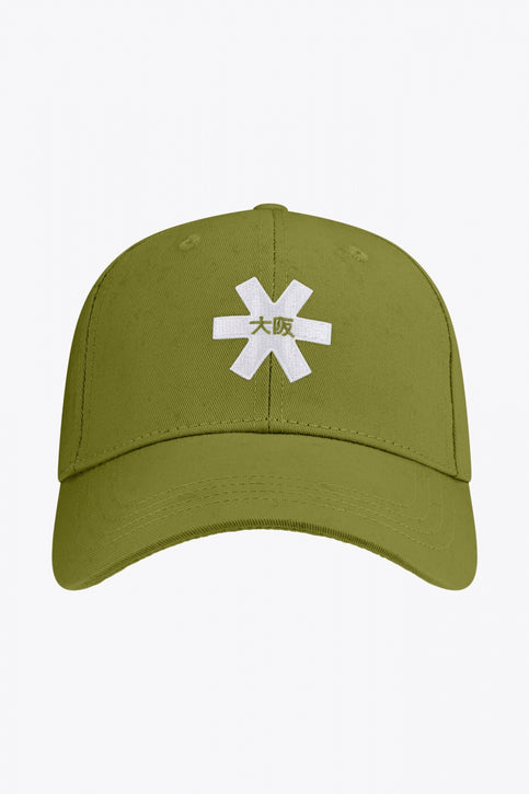 Osaka baseball cap in olive with logo in white. Side view