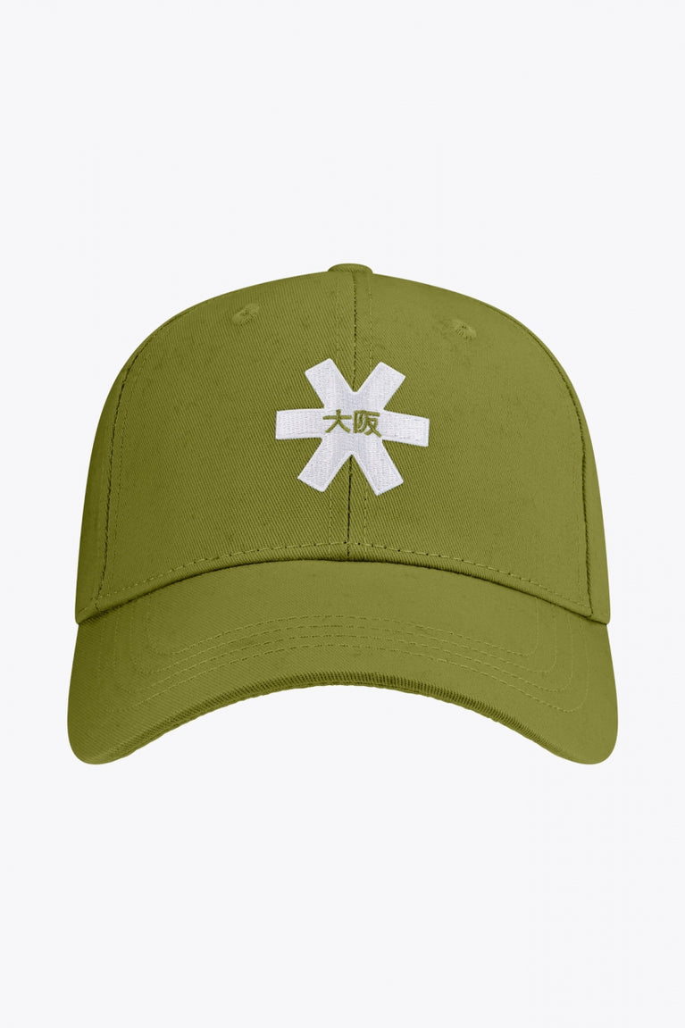 Osaka baseball cap in olive with logo in white. Front view