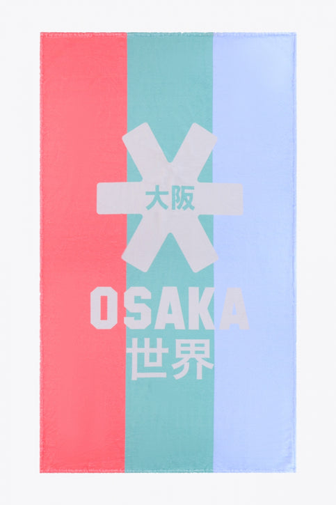 Osaka beach towel in red, green and blue with logo in grey