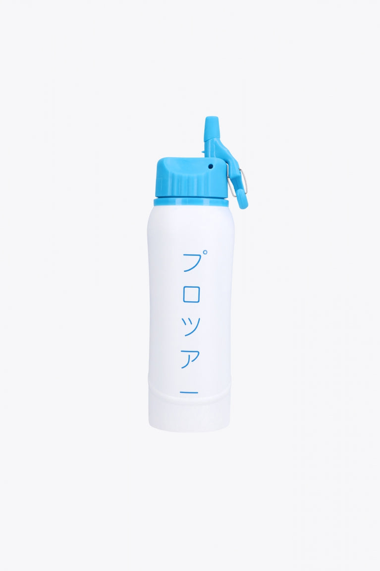 Osaka Kuro aluminium water bottle in white with logo in blue. Back view