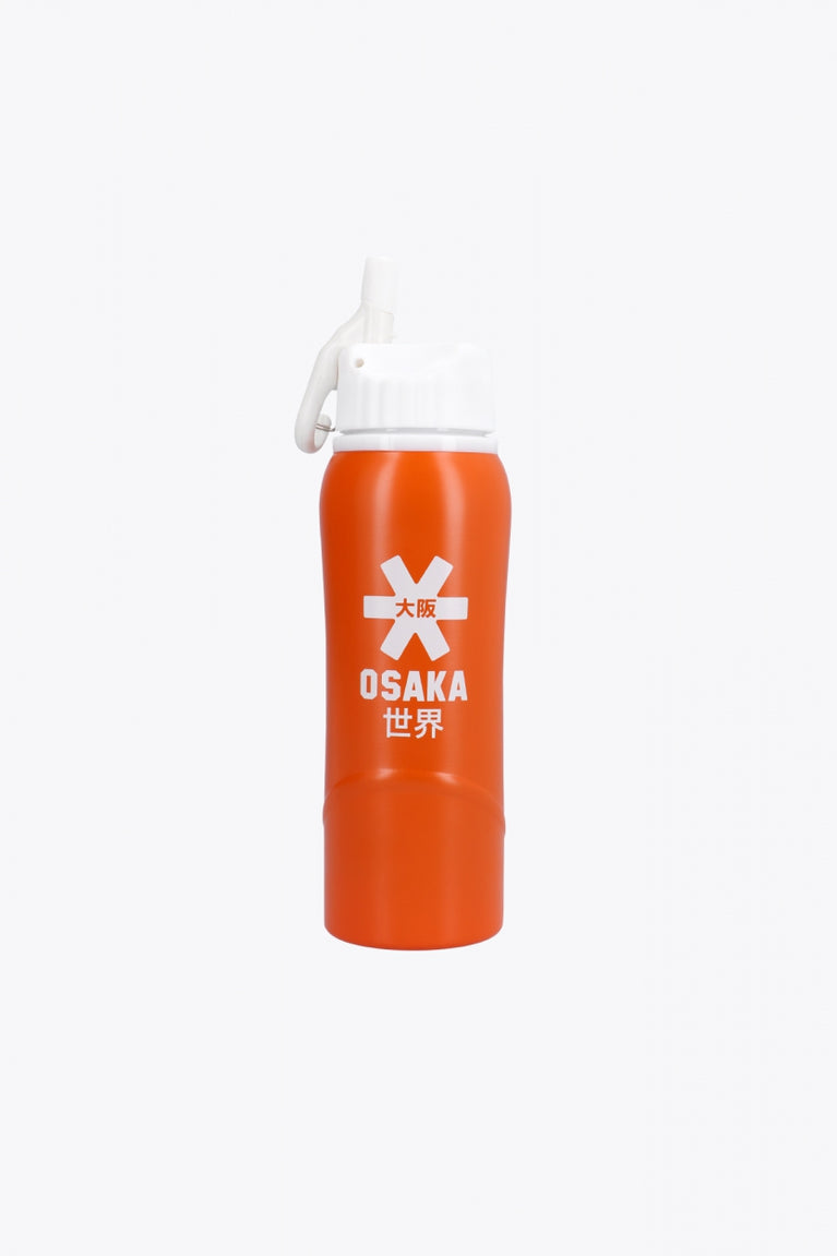 Osaka Kuro aluminium water bottle in orange with logo in white. Front view