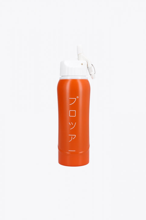 Osaka Kuro aluminium water bottle in orange with logo in white. Front view