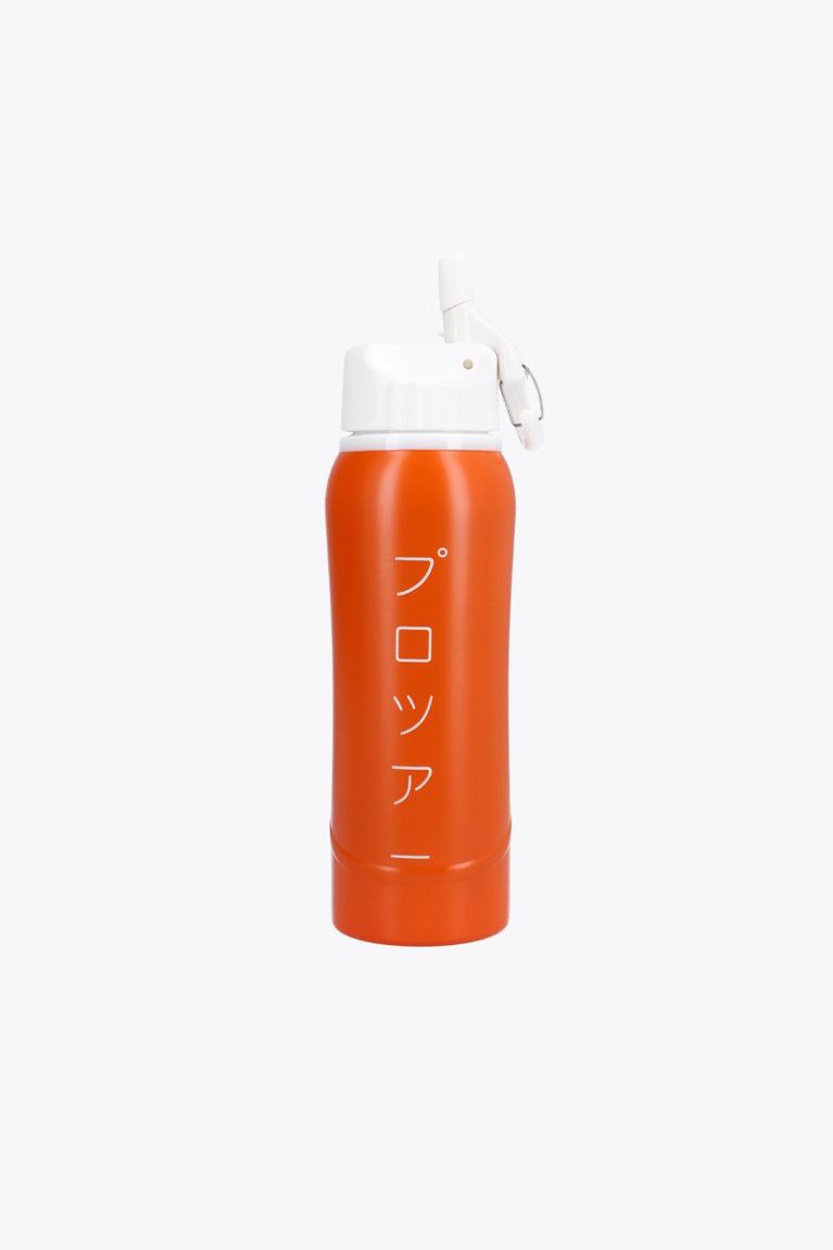 Osaka Kuro aluminium water bottle in orange with logo in white. Back view