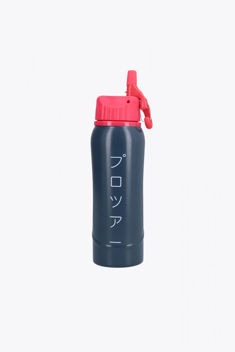 Osaka Kuro aluminium water bottle in navy with logo in white and top in red. Back view