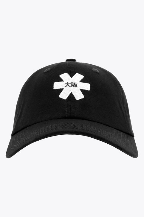 Osaka baseball cap in black with logo in white. Side view
