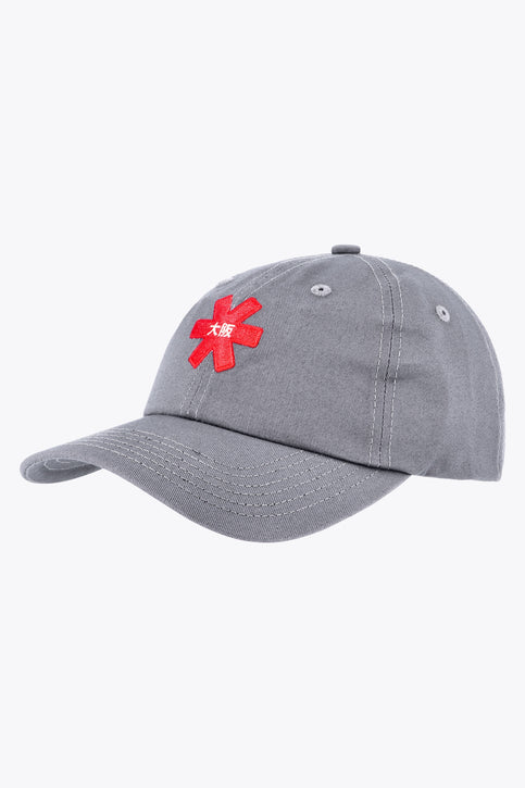 Osaka baseball cap in grey with logo in red. Side view